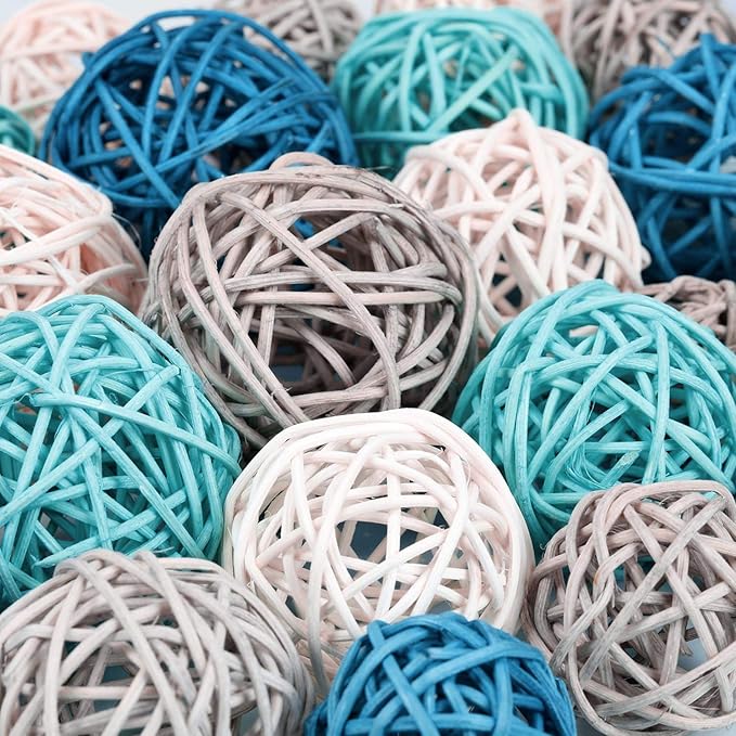 Patelai 36 Pcs Wicker Rattan Balls Decorative Balls for Vase Centerpiece Bowls Orbs Filler for Home Decor,4 Sizes(Dark Blue, Sky Blue, Gray, White,2.8'',2.4'',2'',1.6'')