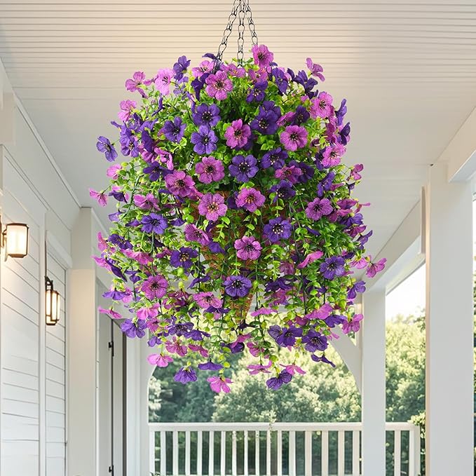 INQCMY Artificial Hanging Flowers with Basket for Spring Outdoor Decoration 3 Bunches of Silk Daisy Flower Uv Resistant for Garden Porch Patio Balcony Yard Decor (Purple1)