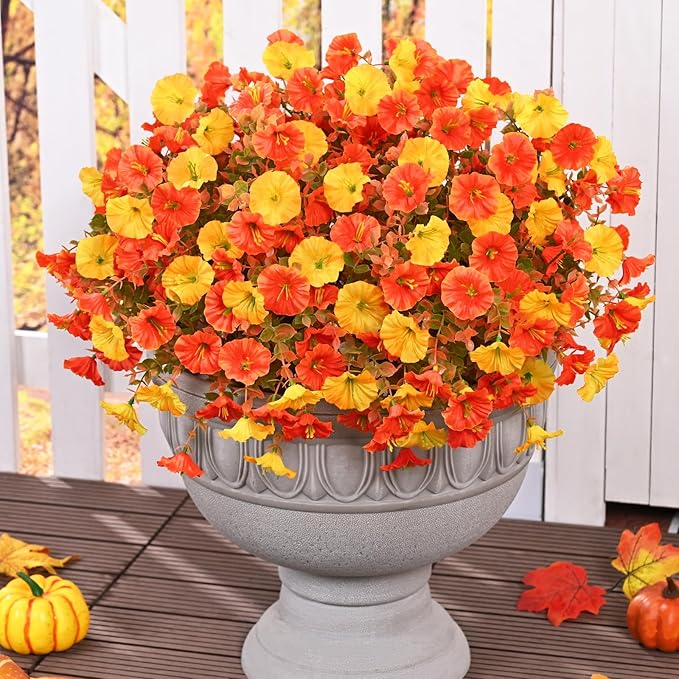 MARTINE MALL 12 Bundles Artificial Fall Mums Flowers for Outdoors, Faux Mums for Outdoor Planters, UV Resistant Fall Flowers Artificial for Outdoors Front Porch (Orange & Yellow)