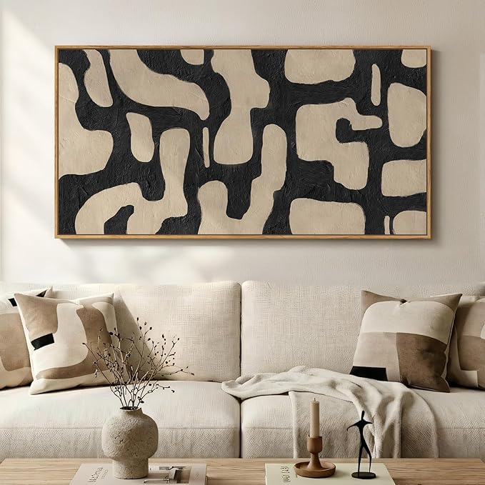 Large Framed Neutral Abstract Wall Art for Living Room, Horizontal Black Beige Canvas Prints Paintings Artwork for Walls, Modern Minimalist Pictures for Bedroom Dining Room Office Wall Decor 30x60 In
