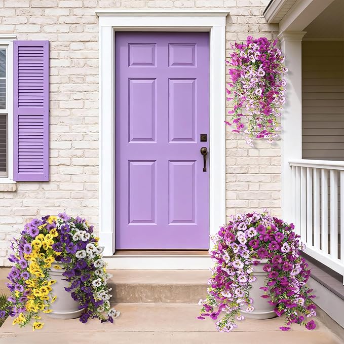 Fake Artificial Flowers for Outdoors, 4 Pcs Faux Hanging Pansy Flowers Spring Summer Decor, UV Resistant Fake Plants Silk Flower for Planter Front Door Porch Patio Yard Garden(Gradient Purple Red)