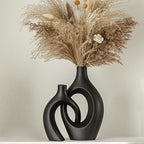 Snuggle Hollow Modern Ceramic Vase Set of 2, Mid Century Nordic Aesthetic Decorative Vase Decorative Vases for Home Table Decor (Matte Black W 6.8" X H 11")