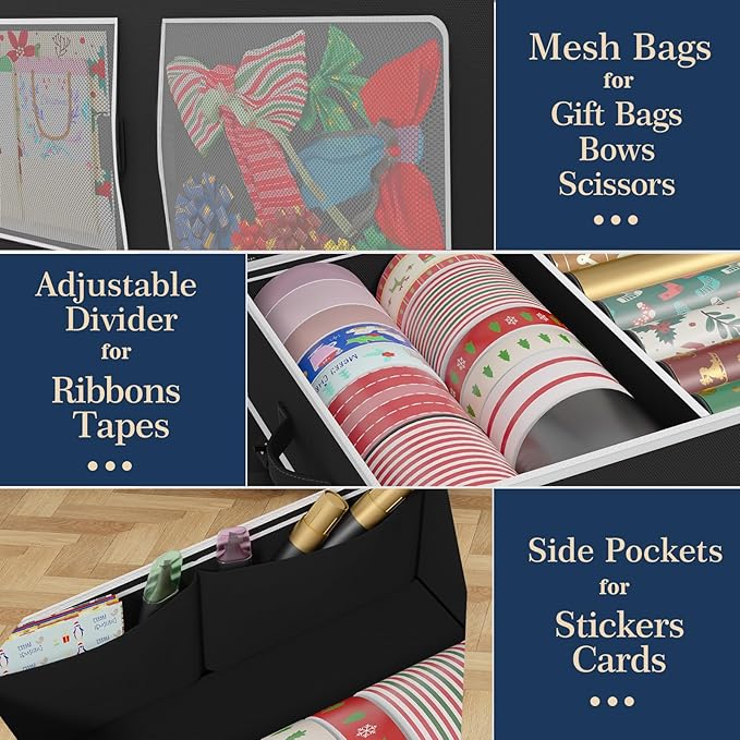 GoMaihe Wrapping Paper Storage with Wheels: Fits 41" Under-bed Gift Wrap Organizer & Container for Christmas Ribbon Accessories | Pockets & Adjustable Dividers | Easy Pull-out | Heavy-duty | Black