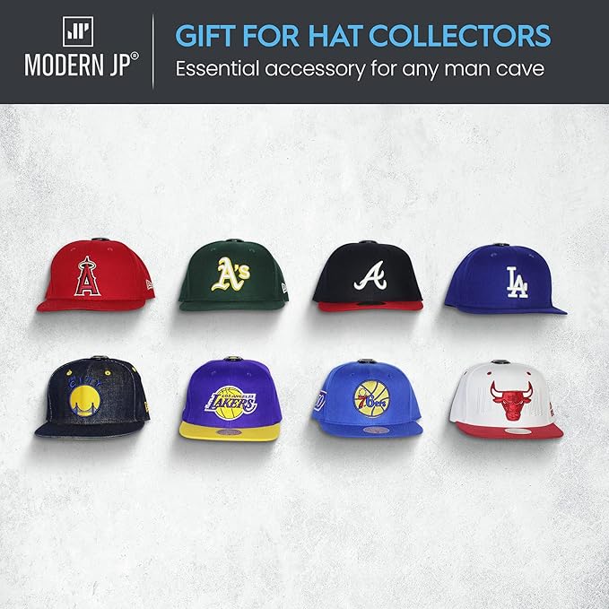 Modern JP Adhesive Hat Hooks for Wall (32-Pack) - Hat Rack for Baseball Caps, Minimalist Hat Display, Strong Hold Hat Hangers for Wall - USA Patented, White