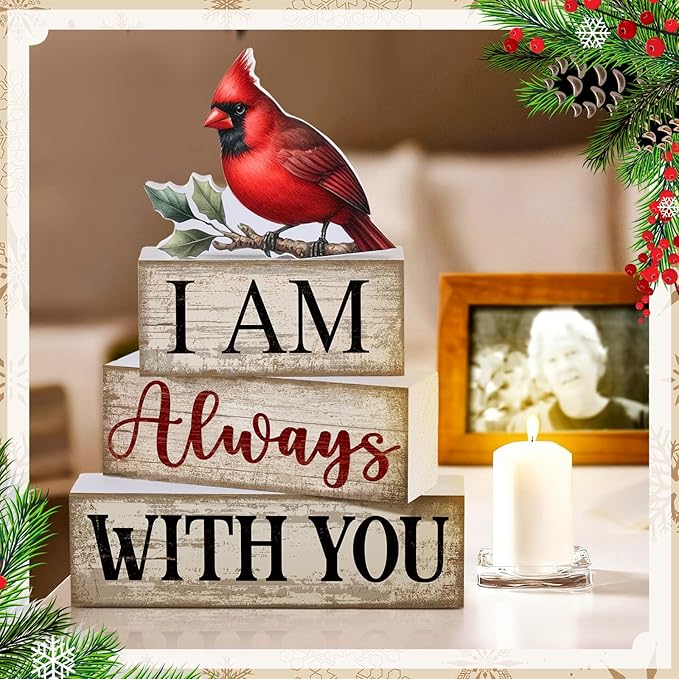 4 Pieces Cardinal Gift Decorations Wooden Red Cardinal Sign for Loss of Loved One Tiered Tray Decor I Am Always with You Sign Sympathy Remembrance Memorial Gifts for Home Kitchen Shelf Tabletop