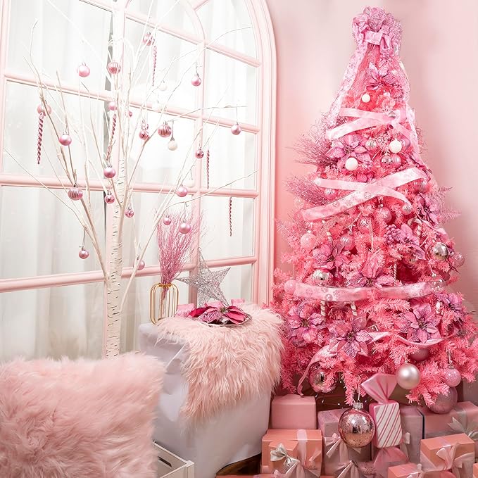 SLK 16-Pack Artificial Glitter Berry Stem Ornaments, Christmas Decorative Glittery Twigs, Picks, Branches for Tree, Wreath, Small Vase, Halloween Party (Pink)
