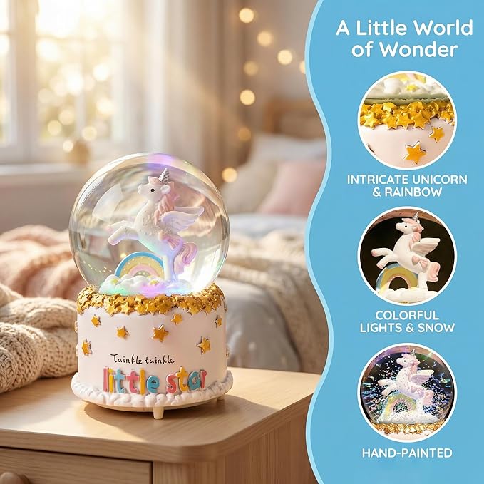 Unicorn Snow Globe for Kids, Musical Snowball with Colorful Lights Automatic Snowfall, for Girl Boy Christmas Birthday Ideal Choice, 4x6.3inch Music Box