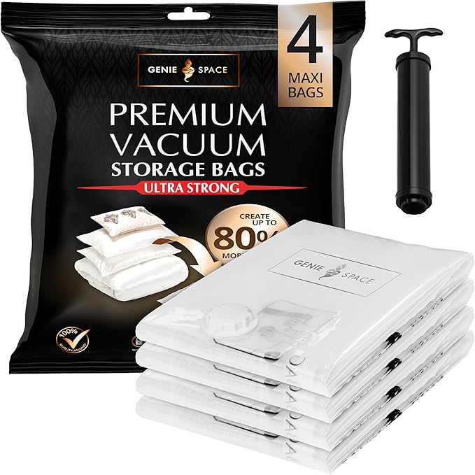 GENIE SPACE XXL Vacuum Storage Bags for Clothes, Bedding and Wardrobes – 43x35 in, Airtight, Reusable and Odor-Proof Space Saver Bags with Double Zipper Seal, 4-Pack with Hand Pump