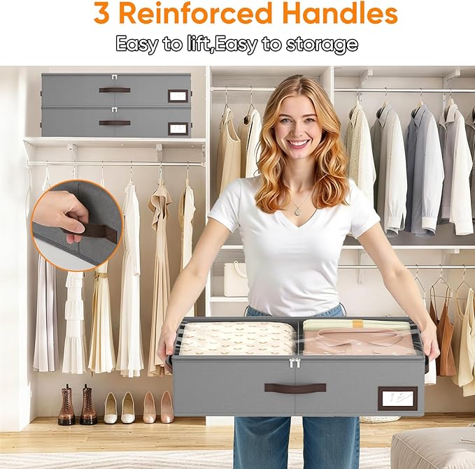 OIAHOMY 2 Pack Under Bed Storage, 6 Inch High Under Bed Storage Containers with Adjustable Dividers, Dual Zippers, &Clear Lid, 38L Under Bed Drawers For Clothes, Blankets, Clothing, & Shoes, Grey