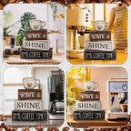 Moucuny 4 Pcs Farmhouse Coffee Bar Sign Decor Wooden Cup Rise & Shine It's Coffee Time Rustic Wood Cafe Sign Gift for Home Kitchen Tabletop Decor
