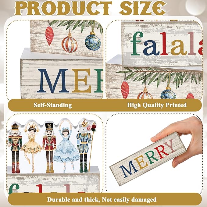 Lineshading 4 Pcs Christmas Table Decorations Wooden Nutcracker Fairy Ballet Merry Christmas Table Centerpiece Decorative Soldier Fairy Ballet Block Signs Gift for Xmas Home Kitchen Tier Tray Decor