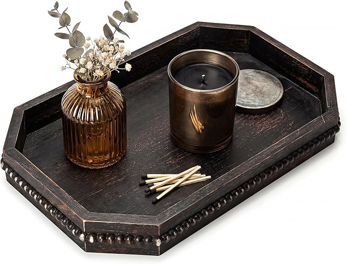 EOSAHR Rustic Decorative Tray with Beaded Edge for Room Decor - Retro Wooden Serving Tray for Coffee Table - Ideal for Makeup Vanity & Bedroom Display Room Decor Aesthetic(Distressed Black)