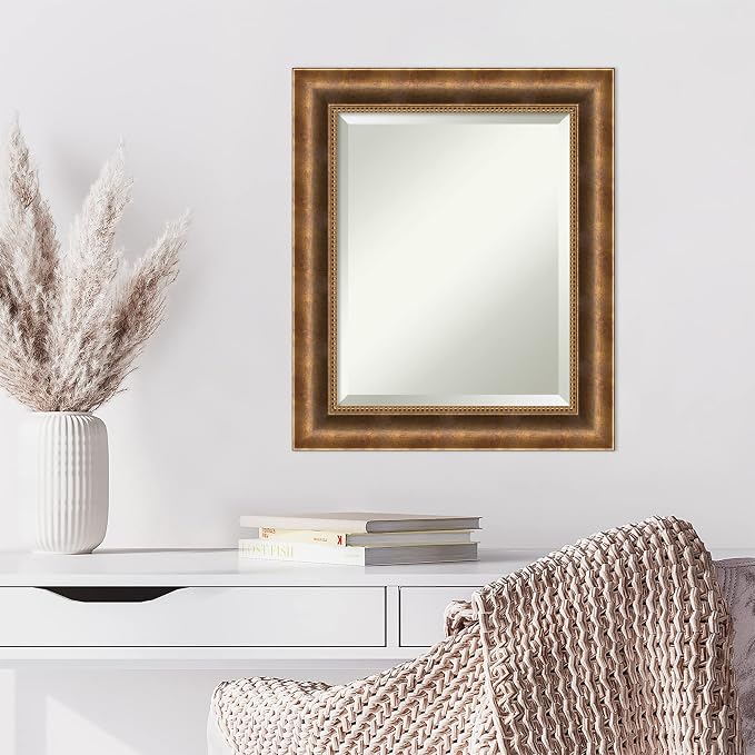 Amanti Art Bronze Wall Mirror 25x21 Manhattan Bronze Rectangle Bathroom Mirror for Wall Decor Living Room, Small Traditional Wood Frame, Hangs Horizonally and Vertically, Bathroom Decor, Beveled Edge
