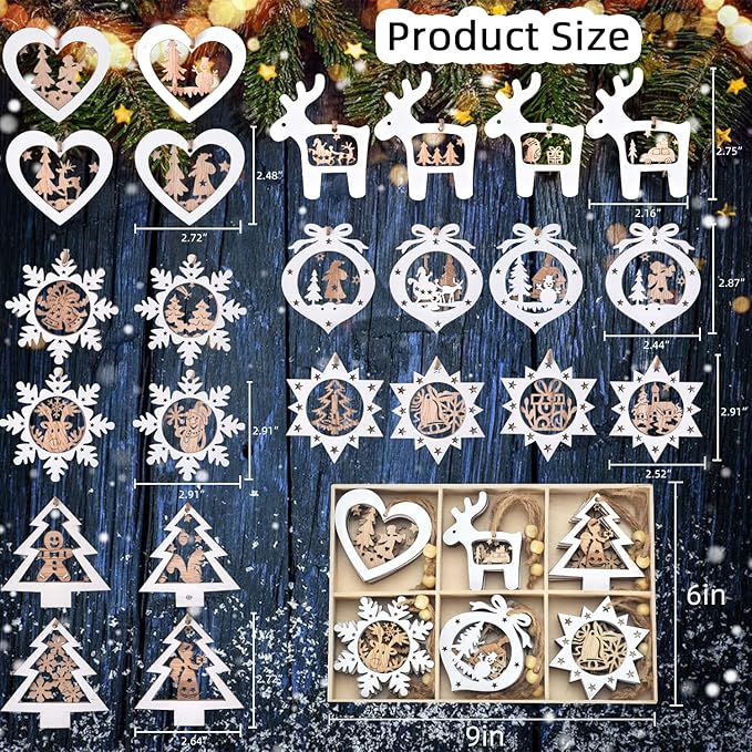IDATOO Christmas Tree Ornaments Set of 24 Wooden Craved Hanging Craft Decorations for Winter Wonderland, 3D Rustic Farmhouse Christmas Ornaments Holiday Decor for Christmas Tree Home Office (White)