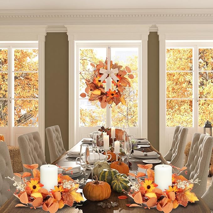 6 Pcs 3 Inch Fall Floral Wreaths Autumn Harvest Sunflowers Pumpkins Leaves Berries Hanging Candle Rings Wreath Mini Thanksgiving Table Centerpiece Wreath for Pillar Cabinets Farmhouse Decoration