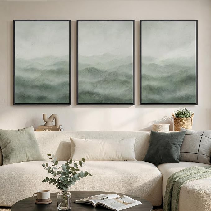 Large Framed Green Abstract Landscape Canvas Wall Art for Living Room, 3 Piece Modern Prints Paintings Artwork for Walls, Minimalist Nature Mountain Pictures Wall Decor for Bedroom, Office 24x36 In