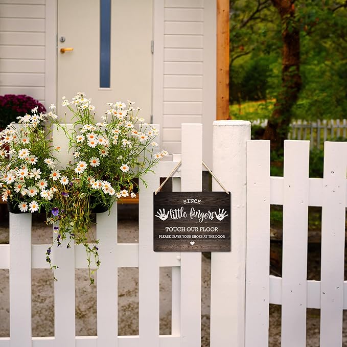 Wall Pediments Shoes Off Sign,Shoes Off Sign for Front Door,Since Little Fingers Touch Our Floor Door Sign,Shoes Off Hanging Welcome Sign for Front Door,6x12 Inches，Wood Grain-3
