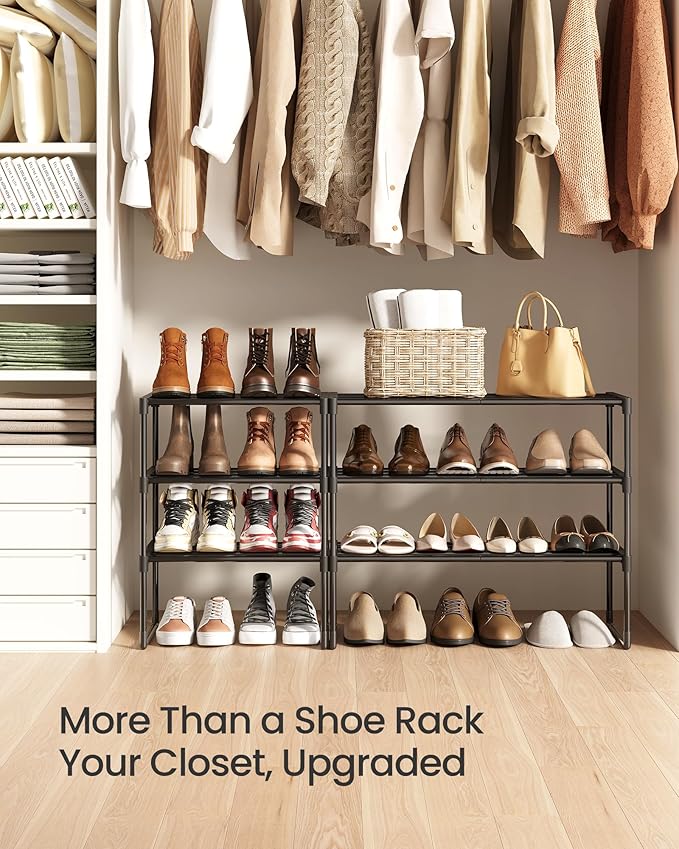 SONGMICS Shoe Rack, 3-Tier Shoe Organizer, Metal Storage Shelf, Upright or Upside Down, for 8-12 Pairs, Stackable, for Entryway, 11.8 x 26.8 x 21.7 Inches, Black ULSA203B01