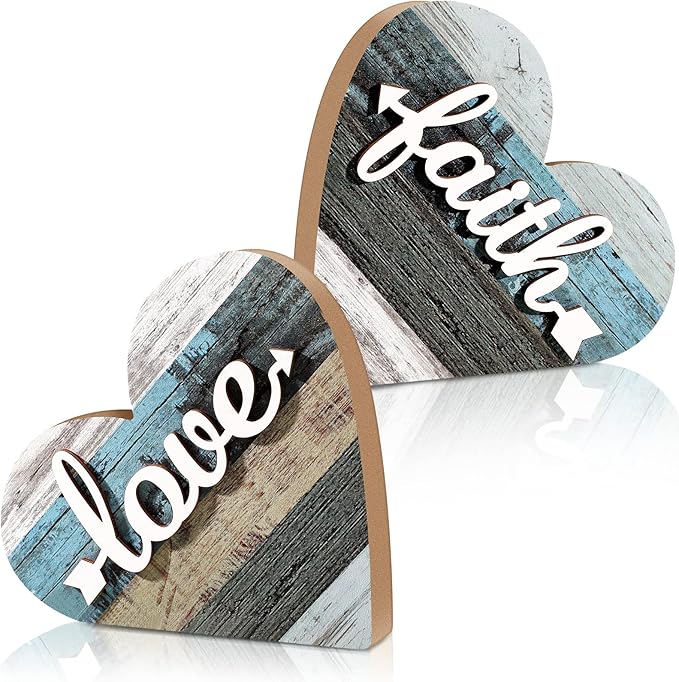 Jetec 2 Pcs Rustic Decorations for Living Room Home Shelf Mantel Entryway Table, Farmhouse Knick Knacks Christian Table Centerpiece Wooden Heart Decor for Dining Room Housewarming Gift(Love Style)