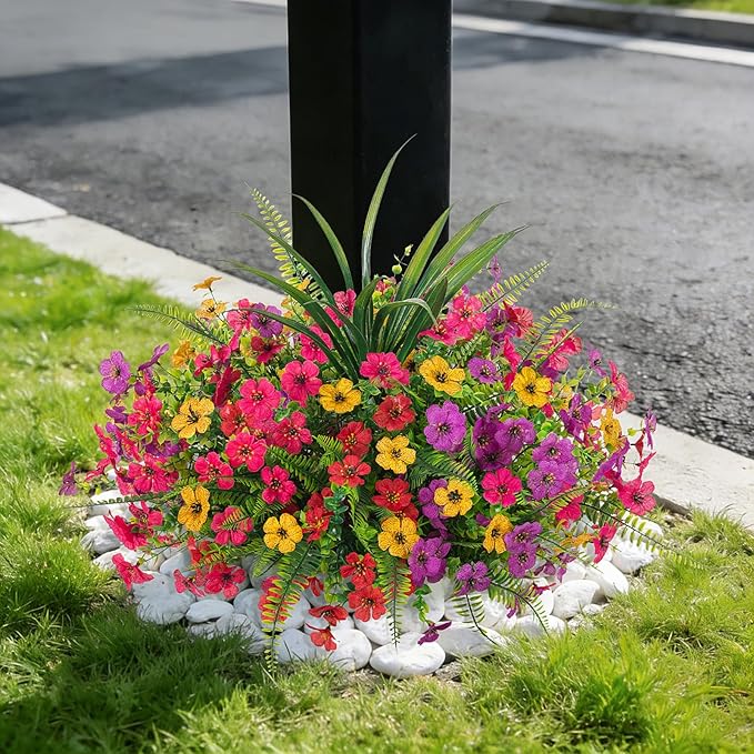 Artificial Fake Flowers Plants for Outdoor Spring Summer Decor, 12 Bundles Faux Silk Flowers for Outdoor Outside Planter Colorful Daisy UV Resistant Look Real for Front Door Porch Patio Yard