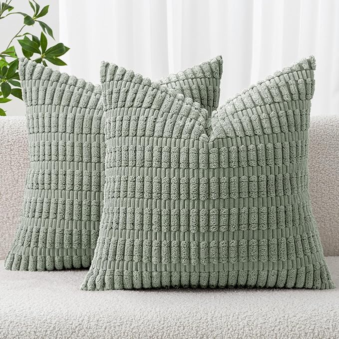 MIULEE Pack of 2 Spring Corduroy Decorative Euro Sham Throw Pillow Covers 22x22 Inch Soft Boho Striped Pillow Covers Modern Farmhouse Home Decor for Summer Sofa Living Room Couch Bed Greyish Green