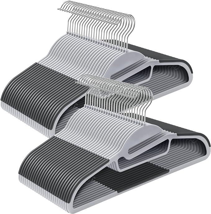 SONGMICS Conjunto de 50 Cabides Plásticos, Cabides com Abertura em U, que Economizam Espaço, 0,5 cm de Espessura, 41,5 cm de Comprimento, Gancho Giratório 360°, Cinza Claro e Escuro BRCRP41G-50