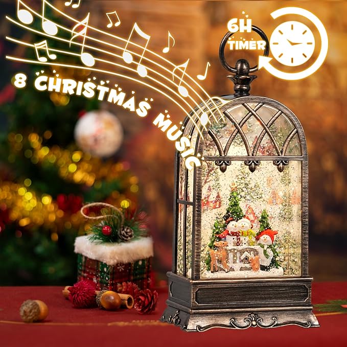 Snow Globe Christmas with Snowman Elk, Lighted Christmas Snow Globes with Timer, Swirling Musical Glittering Snow Globes Lantern for Christmas Decoration(Snowman Elk Squirrel)