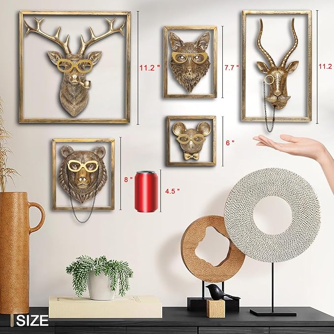 Newinhome Animal Heads Wall Decor (Includes Metal Frame) Resin Animals Sculptures Head Wall Hanging Decoration Gold vintage Wall Sculpture for Living Room Bedroom Office(Fox)