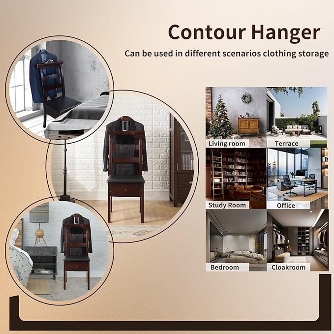 Suit Valet Stands for Men Women Contour Hanger Chair Valet with Drawer and Trouser Bar Wooden Valet Stand Organizer Storage for Entryway Bedroom