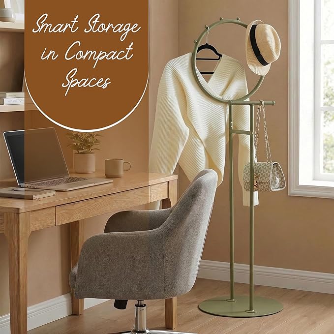 Kings Brand Furniture Cheska Suit Valet Stand with Circular Frame - Tie Jacket Clothes Hooks, Freestanding Clothing Organizer, Lemon Pepper