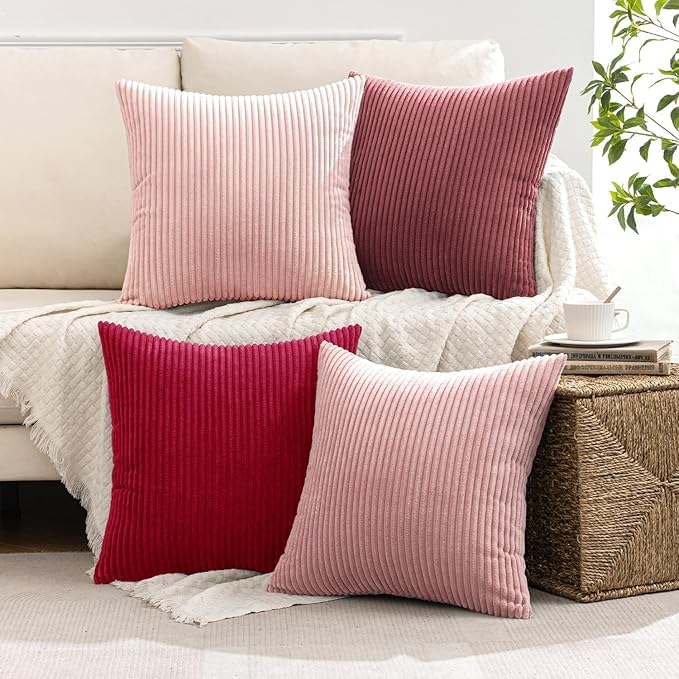MIULEE Boho Farmhouse Throw Pillow Covers 20x20 Inch Set of 4 Romantic Decorative Cushion Covers Spring Corduroy Home Decor for Feminine Valentines Couch Bed Sofa Living Room Aesthetic Pink