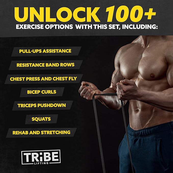 Tribe Lifting Resistance Bands for Working Out Men and Women - Set of 5 Pull Up Bands for Strength Training, Exercise Bands with Handles, Door Anchor and Bar Options for Home Gym