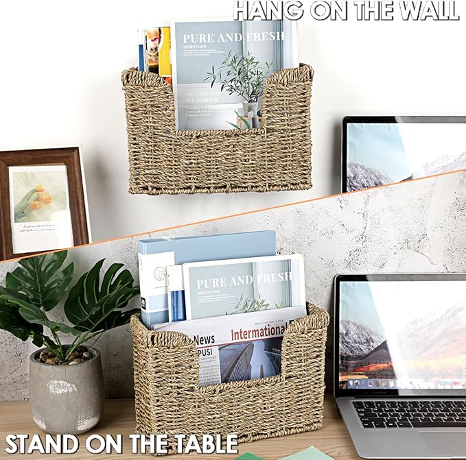 BTSKY Woven Hanging Magazine Holder, Seagrass Magazine Basket, Wall Mounted Storage Basket for Books & Files, Wall File Organizer Magazine Rack with Handle for Home & Office - 12x4.3x7.9 Inch