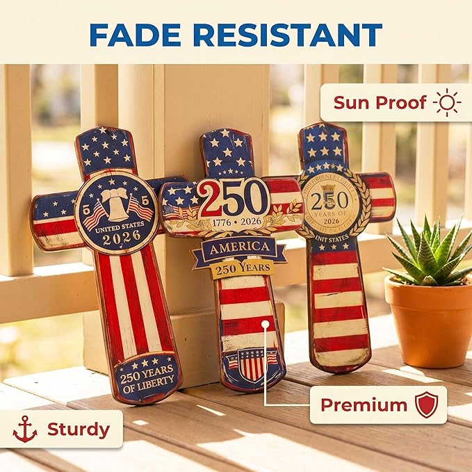 YOYAI American Flag Cross Wall Decor – 250th Anniversary USA 1776–2026 – Patriotic Christian Wooden Cross – Vintage Rustic Wall Art – Meaningful Gift for Home, Veterans, Family