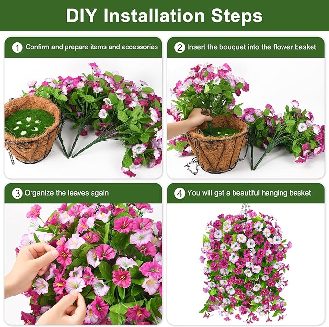 Artificial Faux Hanging Flowers Plants Baskets for Outdoor Spring Summer Decorations,Resistant Fake Morning Glory Silk Plants for Outside UV Resistant Patio Yard Home Porch Decor(Light purple)