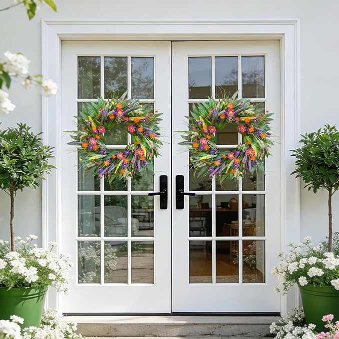 Spring Wreaths for Front Door 24 Inch - Outdoor Spring Summer Wreath with Wildflower and Green Leaves,Front Door Wreath for Farmhouse Home Porch Wall Decor