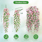 Artificial Hanging Flowers for Outdoors, 6 PCS Silk Morning Glory Artificial Flowers with Eucalyptus Leaves, UV Resistant Fake Flower Realistic Faux Plants for Home Patio Porch Garden, White+Pink