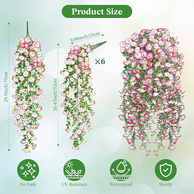 Artificial Hanging Flowers for Outdoors, 6 PCS Silk Morning Glory Artificial Flowers with Eucalyptus Leaves, UV Resistant Fake Flower Realistic Faux Plants for Home Patio Porch Garden, White+Pink