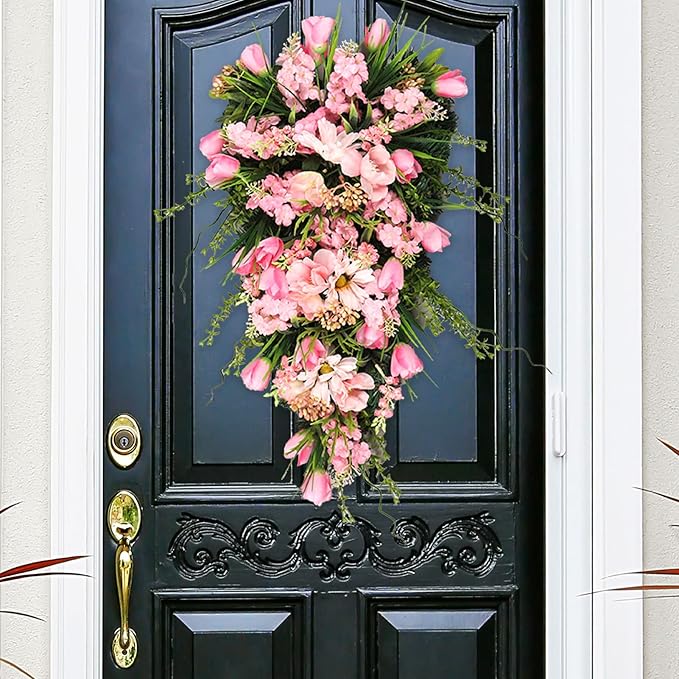 21.65In Spring Teardrop Swag, Artificial Floral Swag with Green Leaves, Easter Teardrop Wreath Front Door Swag, Decorative Teardrop Garland for Front Door Porch Wall (A)