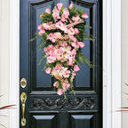 belupai 21.6in Artificial Flower Teardrop Swag, Decorative Swag with Green Leaves and Fake Flowers, Faux Tulips Floral Swag for Spring Summer Indoor Outdoor Window Decor (Pink)