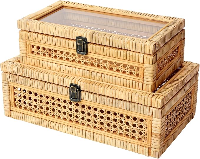 DECOR4SEASON Rattan and Cane Stacking Boxes with Glass Top Lid - Set of 2 for Boho, and Rustic Farmhouse Decor