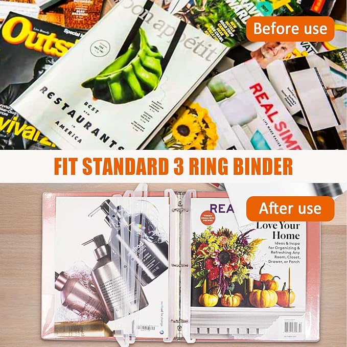 40Pcs 3 Hole Punched Magazine Holders, Magazine Organizer, 3 Ring Binder Insert Strips, Translucent White