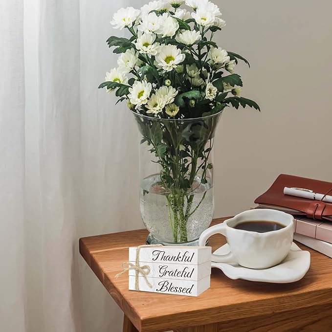 Decorative Books For Home Decor, Wood Book Stack For Table Decor, Thankful Grateful Blessed Decor Books For Living Room Bookshelf Office Coffee Bar, Thanksgiving Farmhouse Stacked Books Decor (L28)