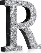 Qunclay 12'' Silver Crystal Diamond Bling Letters Crushed Diamond Decoration Wooden Glitter Letter with Screw and Hooks Rhinestone Gift for Wedding Y2k Mcbling Bedroom Wall Decor (Letter R)