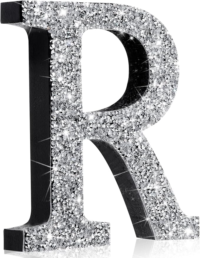 Qunclay 12'' Silver Crystal Diamond Bling Letters Crushed Diamond Decoration Wooden Glitter Letter with Screw and Hooks Rhinestone Gift for Wedding Y2k Mcbling Bedroom Wall Decor (Letter R)
