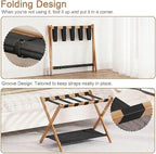 2 Pack Bamboo Luggage Rack for Guest Room, 26.77" Folding Wide Suitcase Stand with Fabric Storage Shelf, Thickened Luggage Stand Holder for Bedroom Hotel, Luggage Rack for Suitcases (2 Pack - Tea brown)