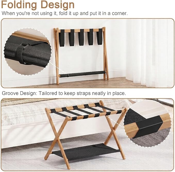 Bamboo Luggage Rack for Guest Room, 26.77" Folding Wide Suitcase Stand with Fabric Storage Shelf, Thickened Luggage Stand Holder for Bedroom Hotel, Luggage Rack for Suitcases (1 Pack - Tea brown)