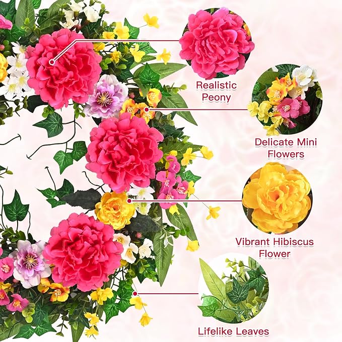 Yastouay Spring Summer Wreaths for Front Door, 24 Inch Large Spring Summer Door Wreath with Vibrant Peonies Hibiscus Flowers, Spring Wreath for Front Door Farmhouse Porch Wall Window Indoor Outdoor