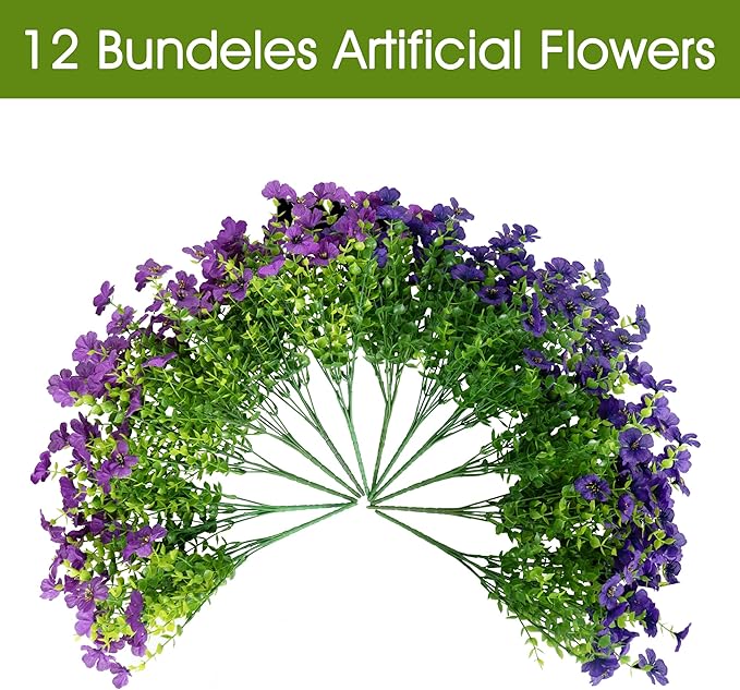 Artificial Faux Flowers Plants for Outdoors Outside Spring Summer Decoration,12 Bundles Realistic Fake Flowers Plant Greenery Silk Daisy UV Resistant Planters Porch Patio Garden Home (Double Purple)