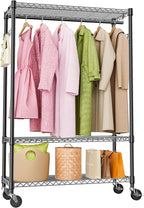 Heavy Duty Rolling Garment Rack 3 Tiers Adjustable Wire Shelving Clothes Rack with 1 Rods and Side Hooks,Storage Closet Clothing Rack with Wheels Black 15.7" D x 45.3" W x 75.6" H